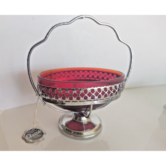 A Maywell Classic England Red Glass Oval Shaped Candy Bowl Silver Filigree Stand - Picture 6 of 9